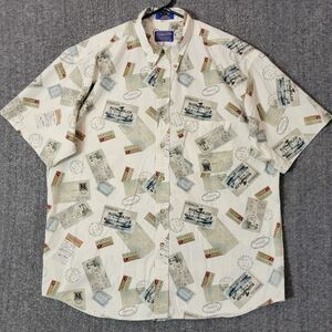 Pendleton Shirt Mens XL Beige Short Sleeve Button-Down Post Cards Travel Stamps